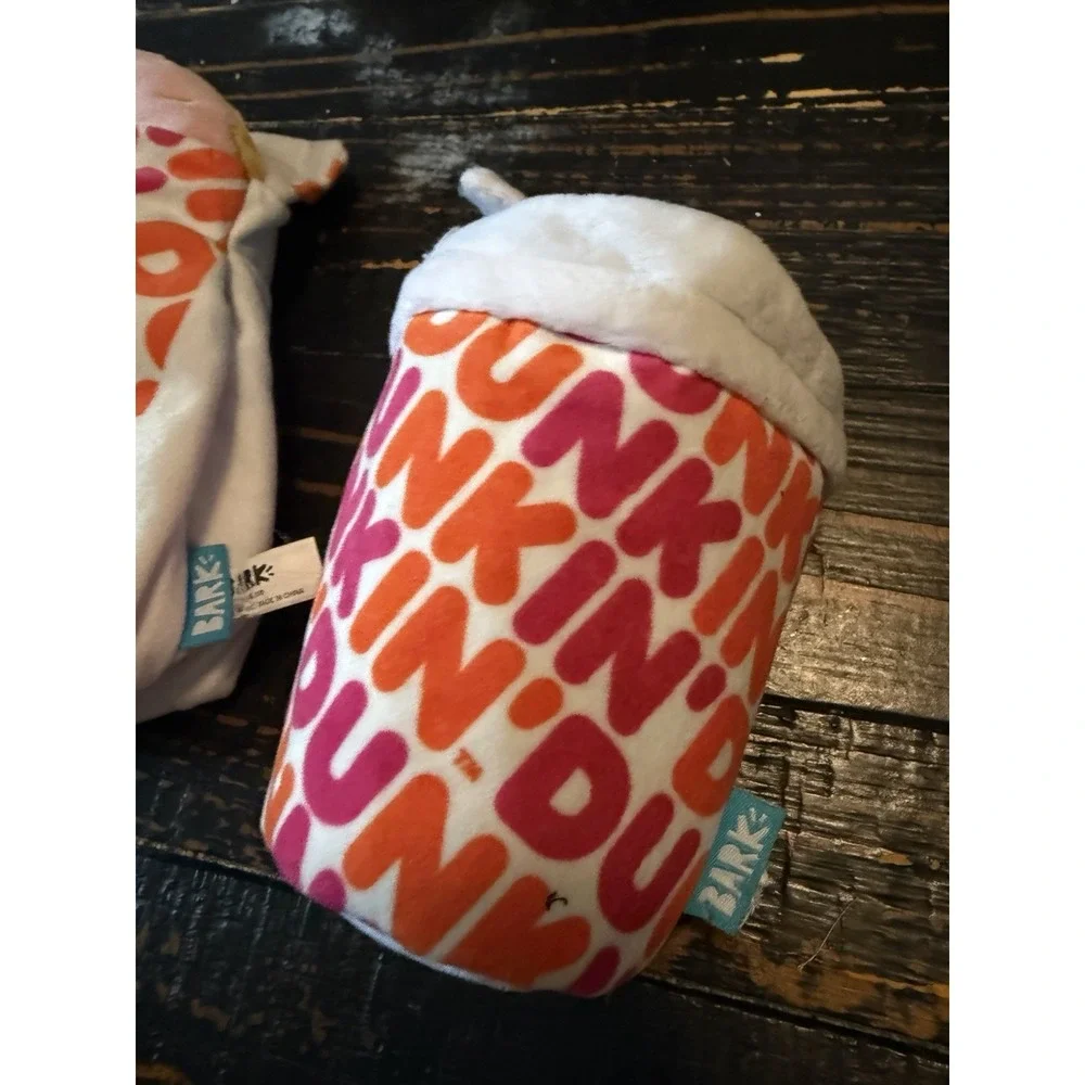 Bark Dunkin Donut Coffee Cup Plush Dog Toy Set Pink Orange White Joy Foundation